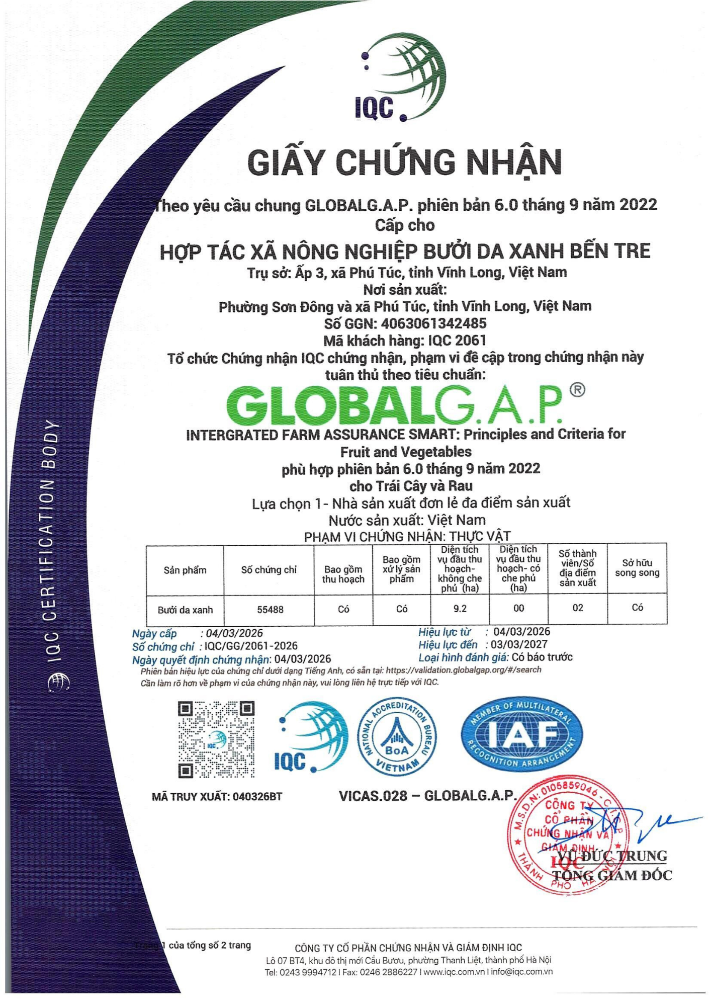 Bưởi Da Xanh Đạt Chuẩn GlobalGAP Bền Vững