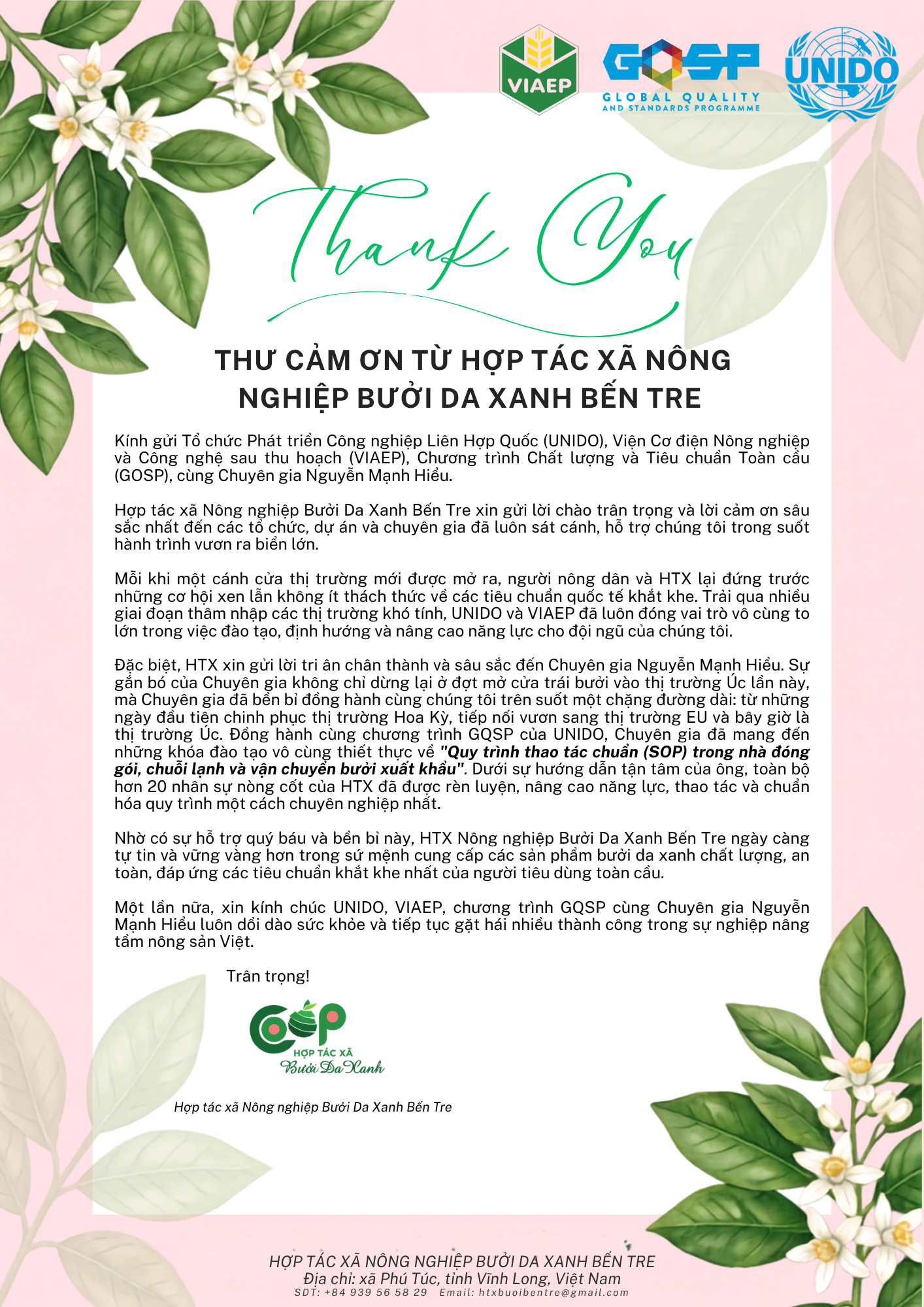 THƯ CẢM ƠN: HÀNH TRÌNH VƯƠN RA THỊ TRƯỜNG TOÀN CẦU CỦA TRÁI BƯỞI DA XANH BẾN TRE